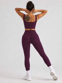 Fitness Set In Ribbed, Thick Polyamide - Top And Leggings - High Compression - Berenjena - Ver 2