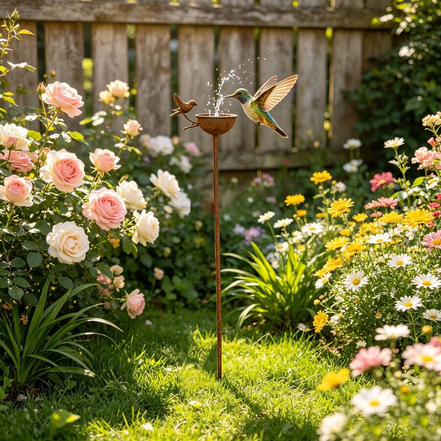 1 pieza Estaca de decoración de jardín de metal con forma de cuenco de agua para pájaros vintage y oxidado, adorno de baño y comedero para pájaros para exterior, patio, césped y parterre, regalo de jardinería para amantes de los pájaros - Decoración de jardín - Ver 1