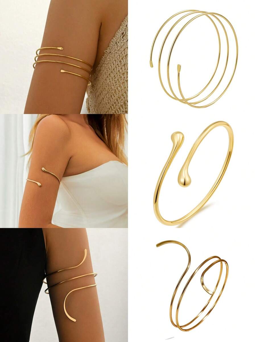 3pcs/1pc European & American Minimalist Smooth Metal Arm Cuff, Adjustable Water Drop Shaped Arm Ring, Vacation Style, Ins Influencer Same Style Arm Jewelry - Gold - View 1