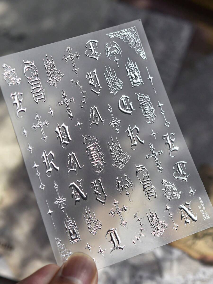 1片金屬感哥德風印花美甲貼紙,金銀箔美甲貼花,DIY自黏式裝飾貼紙 - 銀色 - 查看 1
