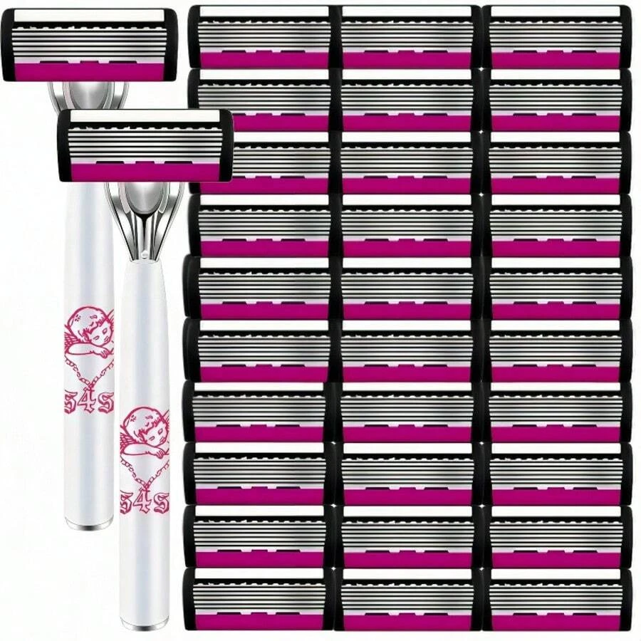 Women Manual Shaver Set 1/2 Handle+3/30 Blades , Portable Painless Body Hair Removal Razor For Travel Shower Use,Travel Essential Body Grooming Tool