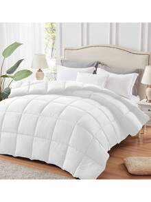 1pc Quilted Plaid Comforter, Warm & Breathable Microfiber Fill, Soft Duvet Insert With Corner Tabs, White, Suitable For All Seasons - White - View 2