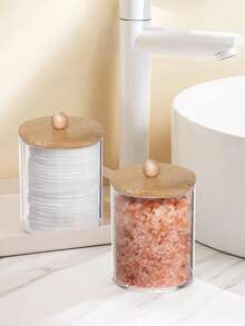 1/2/4 Packs Clear Bathroom Storage Jars With Bamboo Lids, PS Plastic Cotton Swab Holder For Dental Floss Picks, Toothpicks, Cotton Balls, Makeup Pads, Vanity Countertop Organizer - Multicolor - View 4