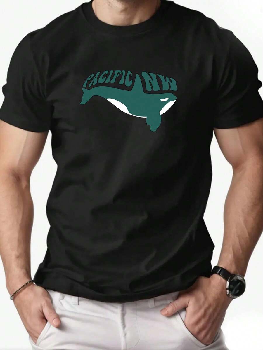 Men'S Orca Pattern Summer Casual Short-Sleeve T-Shirt - 黑色 - 查看 1