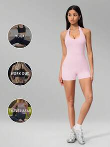 MFVIM Women V-Neck Halter Backless Yoga Bodysuit, Slim Fit Hip Lifting Short Jumpsuit For Running, Cycling, Pilates & Gym Workout - Baby Pink - View 6