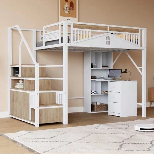 Cama alta metálica de 140 x 200 cm, diseño único con ventana y armario. - Blanco - Ver 1