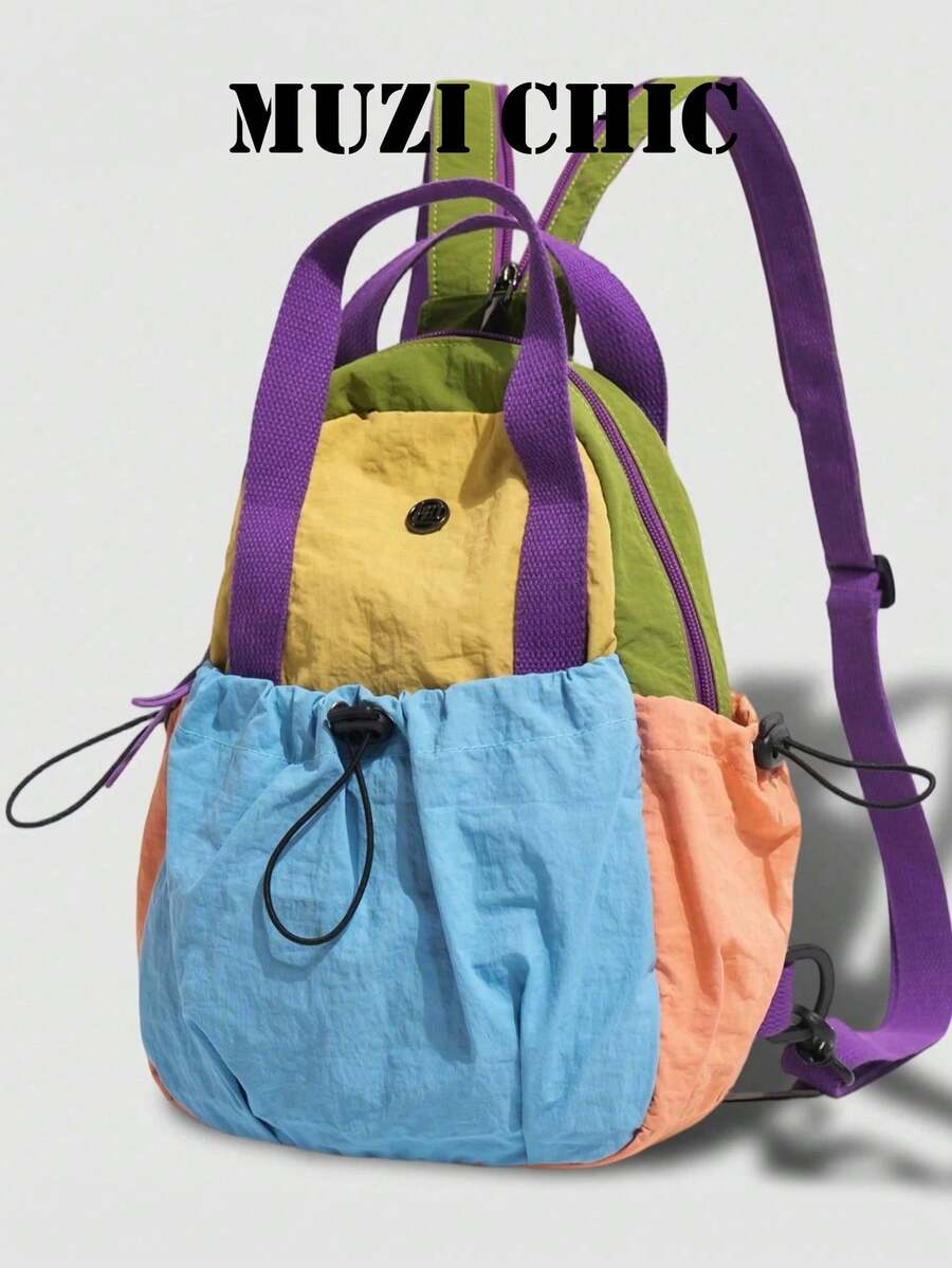 Color-Blocked Nylon Backpack, Multi-Colored Drawstringstylish Patchwork For Teenagers And Students, Suitable For School Commuting And Daily Outings. - Multicolor - View 1
