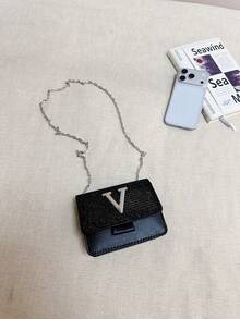 Super Mini Minimalist Sequin Flap Chain Shoulder Bag - Black - View 5