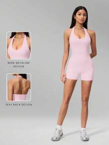 MFVIM Women V-Neck Halter Backless Yoga Bodysuit, Slim Fit Hip Lifting Short Jumpsuit For Running, Cycling, Pilates & Gym Workout - Baby Pink - View 4