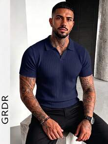 Suéter de punto de manga corta de unicolor para hombres GRDR, de moda para el verano - Azul Marino - Ver 5