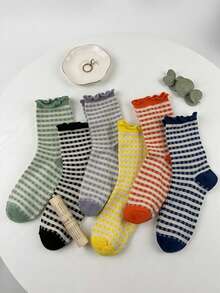 3/6 Pairs Back To School Vintage Style Ruffle Trim Striped Mid-Calf Socks, Multi-Color Fine Striped Women's Slim Fit Slouch Socks, Autumn - Multicolor - View 7