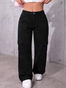 Women's Casual Light Wash Ripped Denim Shorts With Button Closure And Frayed Hem, Straight Leg Medium Stretch Jean Shorts Perfect For Summer Outfits - Black - View 1