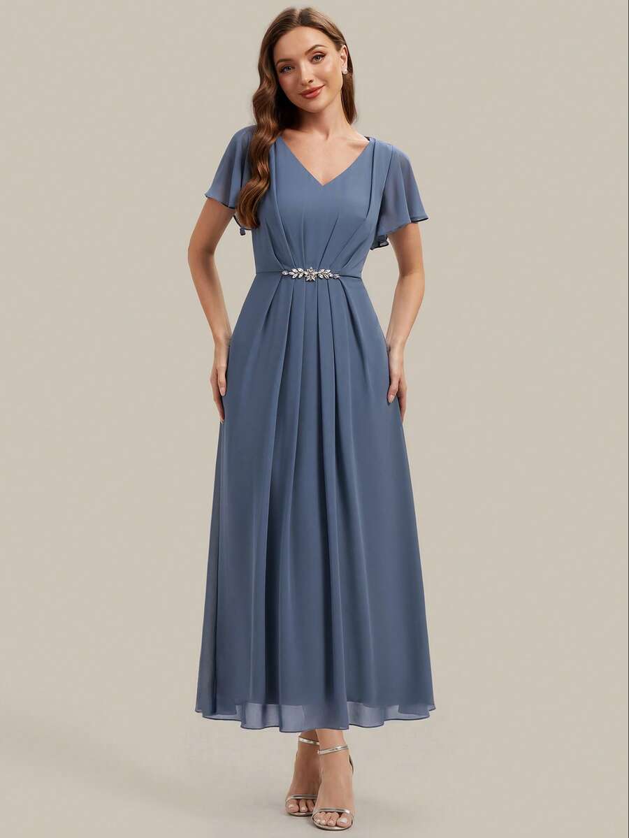 EVERPRETTY Đầm dạ hội nữ thanh lịch, lãng mạn, cổ chữ V, tay ngắn, tay bồng bằng vải chiffon, thích hợp cho đám cưới mùa xuân/hè, các dịp trang trọng, tiệc tốt nghiệp, kỳ nghỉ, tiệc sinh nhật. - Màu xanh bụi bặm - Xem 1
