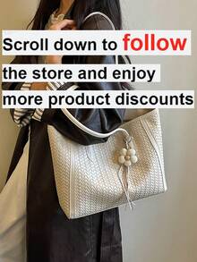 1pc Women's Solid Color PU Middle Compartment Shoulder Tote Bag, Large Capacity, Suitable For Outing, Shopping, Dating, Gift - Beige - View 2