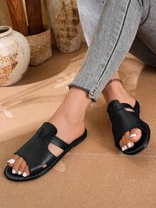 New Spring/Summer Fashion Casual Slip-On Sandals, Casual Flat Slides, Beach Sandals, Vacation Style Versatile Flat Slip-On Women's Sandals - Black - View 2