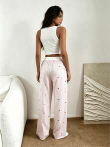 Nina Bonheur 1pc Women Striped Elastic Waist Wide Leg Lounge Pants - Pink - View 6