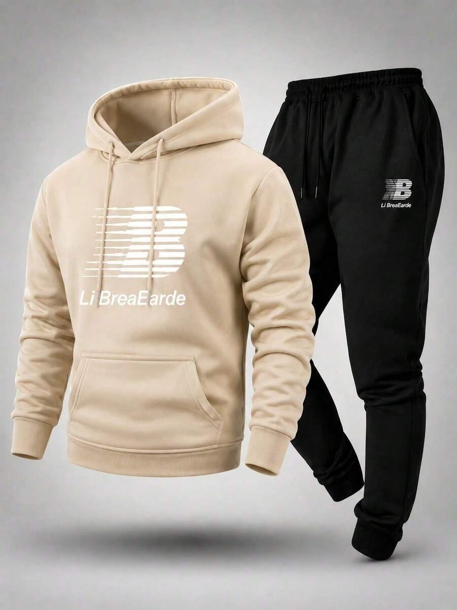 Men's Premium Hoodie And Comfortable Winter Jogger Pants Set - 米色/黑色 - 查看 1