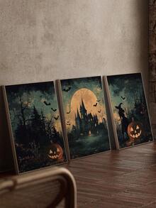 3er Set Leinwandkunst, gerahmte Wanddekoration, Galerie Set, Vintage Halloween Hexe, Kürbis & Fledermaus Ölgemälde, dunkler gotischer Horror Herbst Dark Academia Stil Leinwandkunst, Retro verwitterte seltsame Ästhetik rahmenloses Poster Set, Bestseller dekoratives Gemälde Set, geeignet für moderne Wohndekoration, Raumdekoration, Wohnheimdekoration, Schlafzimmerdekoration, Badezimmerdekoration - Retro-Kunst - Übersicht 6