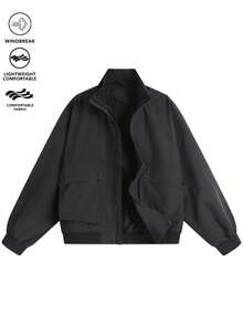 Modcrash Men Minimalist Workwear Jacket, Plain Stand Collar Zip Coat With Snap Buttons Pockets, Daily Commute Outerwear Fall/Autumn/Winter - Black - View 4