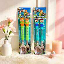 Minecraft 2pcs Standard Size Non-Slip Portable Reusable Set, Retro Pixel Game Character Pattern, Straight Handle Decorative Tableware, Back To School Daily Home Meals Travel Picnic Game Theme Party Supplies - Multicolor - View 1