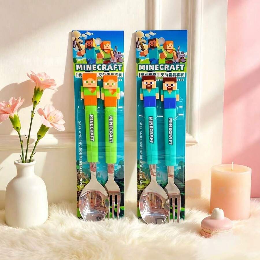 Minecraft 2pcs Standard Size Non-Slip Portable Reusable Set, Retro Pixel Game Character Pattern, Straight Handle Decorative Tableware, Back To School Daily Home Meals Travel Picnic Game Theme Party Supplies - Multicolor - View 1