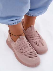 Women's Comfortable And Airy Textile Slip-On Sports Shoes With Elastic Elastic Bands Beige Pink Black White - Pink - View 4