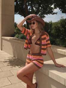 Spring/Summer Y2K Multi-Color Striped Crochet 2-Piece Set, Cropped Top & High-Waisted Wrap Shorts, Casual Street Style For Daily Wear And Vacation - Multicolor - View 8