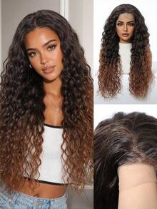 Topshe 28 Inch Gray-Gold Long Curly Wig, Dark Roots, Glueless, 13*6 Lace Front Hairline, Synthetic Gradient Gold Wig, Natural Hairline, High Density Soft Fluffy Wavy Hair, Suitable For Daily Wear, Party, Vacation, Holiday, Cosplay, Halloween - Ombre - View 3