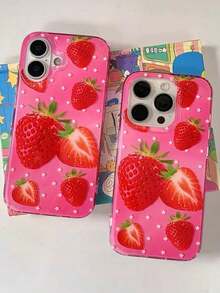 1pc INS Style Strawberry Polka Dot IMD Full Coverage Phone Case Compatible With IPhone 17 16 15 14 13 12 11 Series, Glossy Hard Shell, Protective Case - Red - View 3