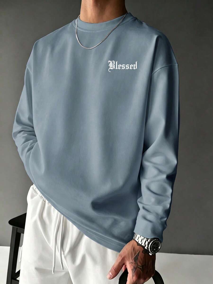 Autumn Light Grey Blue Minimalist Blessed Gothic Small Letter Print Long Sleeve T-Shirt, Simple Solid Color Loose Fit Daily Commute Versatile All-Match Layering Top - Dusty Blue - View 1