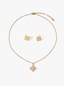 Opalesca 1 Set Stainless Steel Necklace & Earring Jewelry Set, Luxury Rhinestone Classic Versatile Personalized Party Earrings & Necklace Gift, No Gift Box - Gold - View 10