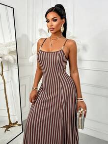 Women's Striped Long Dress, Spaghetti Strap, Elastic Waist, Flowy A-Line Dress, Suitable For Daily, Vacation, Outing, Casual And Evening Wear, Autumn - Brown - View 6