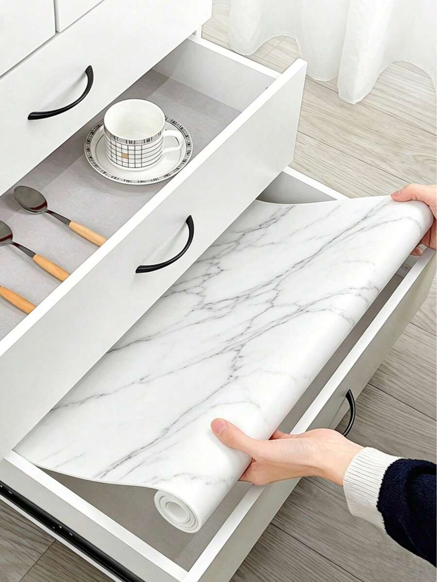 1 Roll Small 30cm/11.81in Wide Marble Pattern Moisture-Proof Mat, Wavy Texture Design, Flat Non-Slip Easy To Clean. Multi-Functional EVA Plastic Material, Protects Your Stove And Cabinet From Oil Stains, Also Suitable For Dining Table, Refrigerator, Freezer, Drawer And More - Marble - View 1