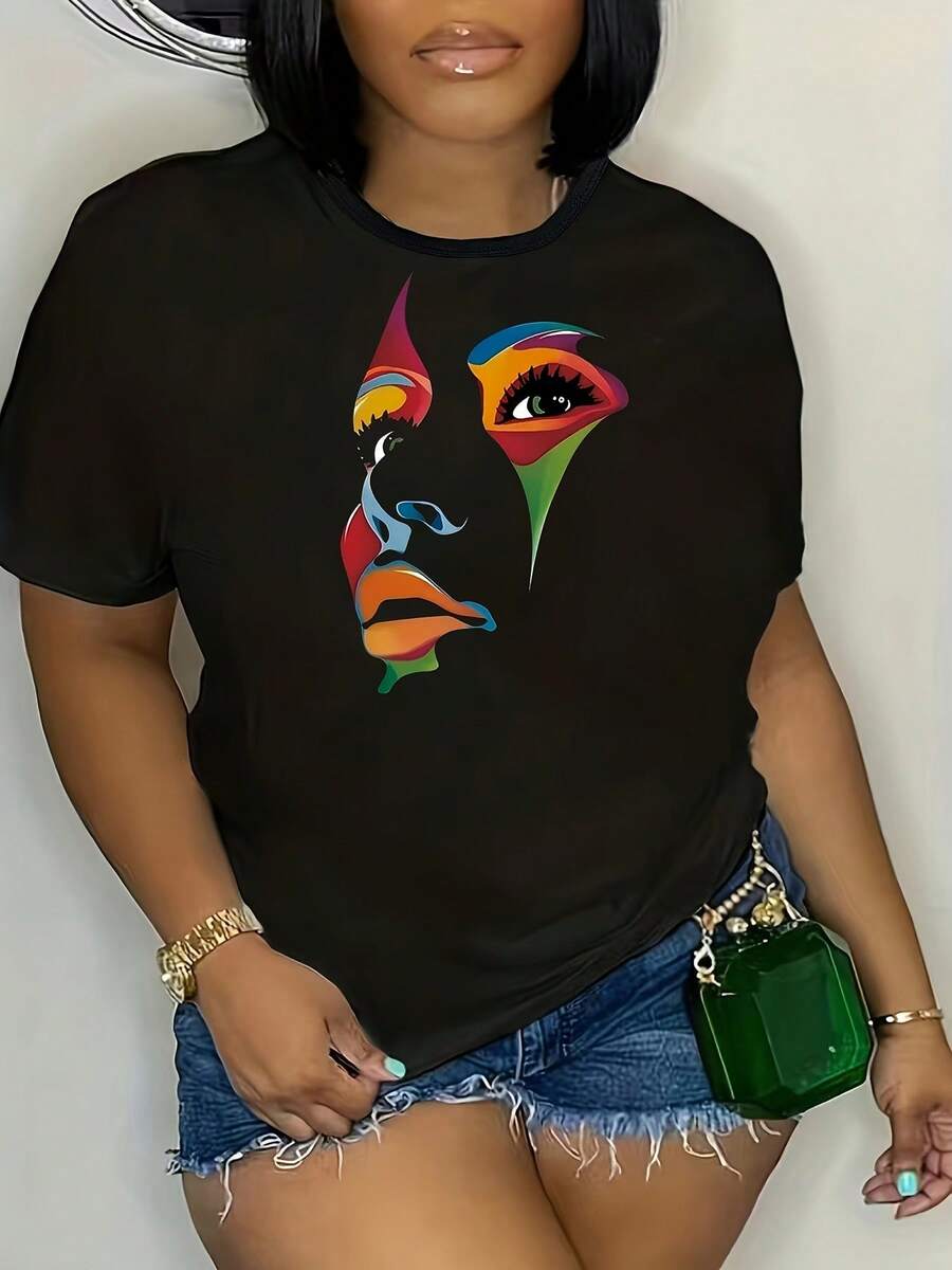 Abstraktes bedrucktes Damen-T-Shirt in großer Größe - Schwarz - Übersicht 1