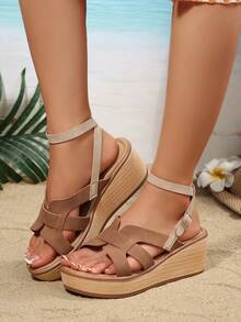 Sandalias de cuña con flor plateada, sandalias de plataforma con tiras para mujer, pantuflas casuales de verano metálicas sin cordones - Marrón - Ver 3