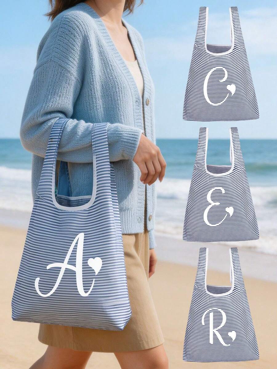 時尚條紋托特包,白色藝術粉色愛心 A-Z 字母個性化設計,大容量可折疊購物袋,輕便實用。可收納筆記本電腦、書籍、教師用品、海灘用品、雜貨和日常必需品。適用於通勤、辦公室、學校、購物、旅行、度假和日常使用。時尚單肩包。開學季、教師節、日、夏季旅行、生日、母親節、情人節、畢業季、聖誕節和節日的熱門禮物選擇 - 彩色 - 查看 1