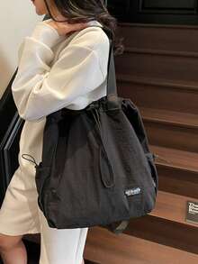 Solid Color Minimalist Shoulder Bag Large Capacity Portable Women's Tote Bag Versatile Style Drawstring Backpack Suitable For Daily School Shopping - Multicolor - View 9