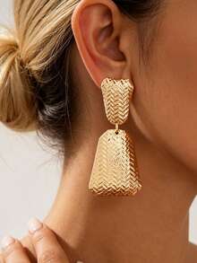 1 Pair Fashionable Versatile Woven Texture Geometric Trapezoid Dangle Earrings For Women, Suitable For Banquet And Party Wear - Yellow Gold - View 5