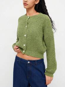 Vuslat Women's Autumn/Winter Green Minimalist Round Neck Button Long Sleeve Sweater Basic Solid Color Cardigan, Shopping Outing Commuting Afternoon Tea Christmas Party - Green - View 10