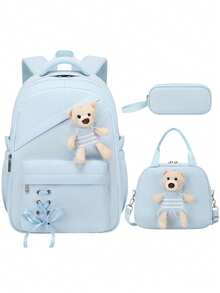 3pcs Set Solid Color Cute Bear (Detachable) Backpack Set, Cute School Bag With Bow Ribbon (Detachable), Crossbody Bear Lunch Bag, Zipper Closure, Large Capacity Multi-Pocket Lightweight School Bag, Suitable For Various Occasions, Campus Backpack, Travel Backpack, Back To School Gift - A - View 14