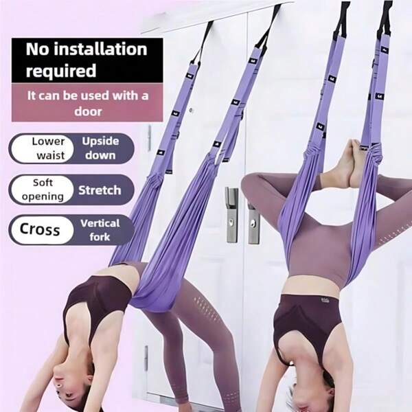 Complete Aerial Yoga Hammock Set With Adjustable Straps & Door Anchors, Home Full Body Stretching, Inversion & Flexibility Training Kit, Purple