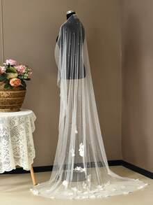 1pc 3D Lace Flower Faux Pearl Long Floor-Length Bridal Veil, White Soft Tulle, Wedding Chapel Bridal Accessory - Milky - View 3