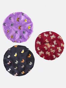 3 buah Topi Tidur Wanita Multiwarna dengan Pita Lebar dan Elastisitas Tinggi, Cocok untuk Kemoterapi, Pelindung Rambut, dan Penggunaan Sehari-hari - Kupu-kupu Hitam/Merah Marun/Ungu - View 4