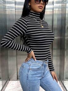 女款休閒羅紋條紋高領長袖修身T恤，適合日常穿著，秋冬上衣套裝，可愛外出風 - 條紋 - 查看 6