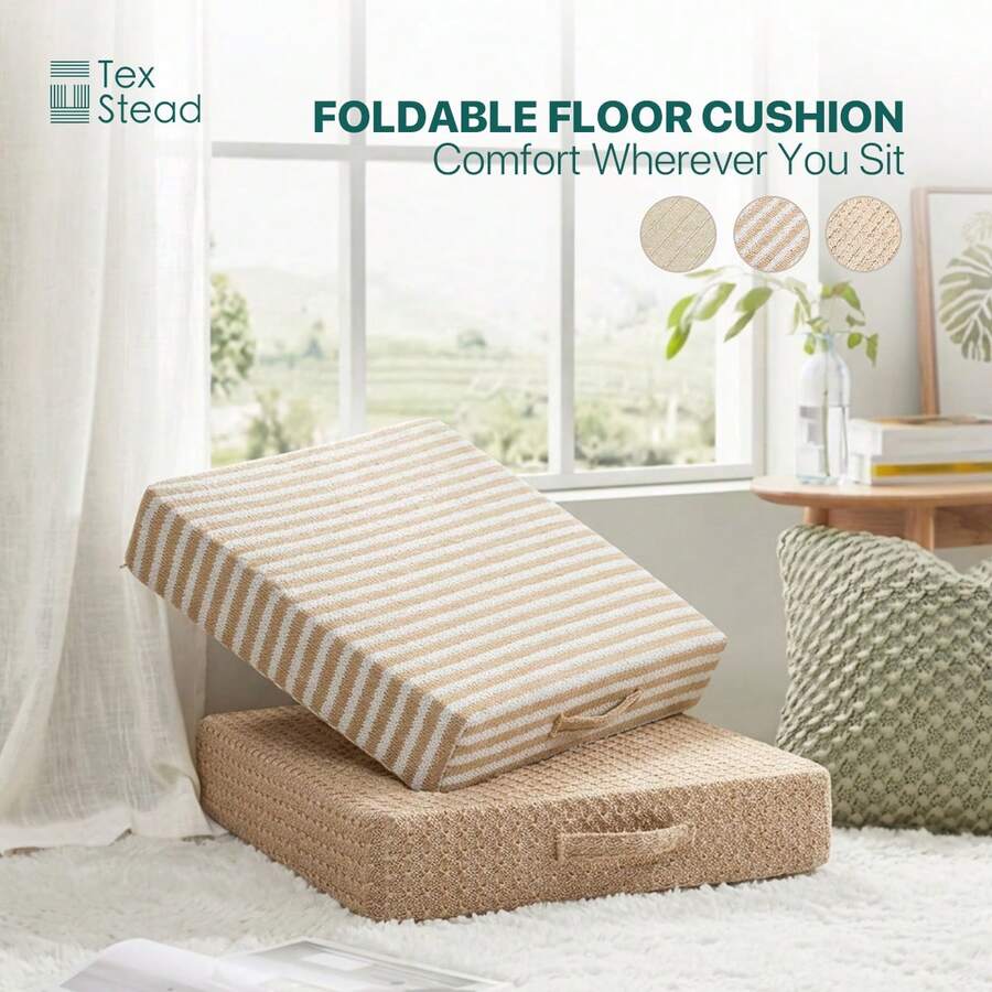 1pc Thick Square Woven Linen Floor Cushion With Handle, Natural Raffia Texture Foam Pad, 50cm/20in Washable Tatami Meditation Mat, Multi-Functional Window Seat Sofa Chair Cushion, Suitable For Living Room Bedroom Balcony Home Decor - Yellow and White Stripes - View 1