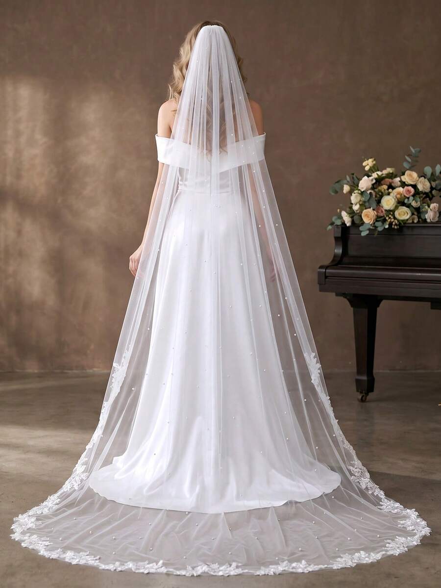 1pc Lace Sequin Trim Faux Pearl Decorated Long Cathedral Length Bridal Veil With Hair Comb, Wedding Dress Photography Accessory