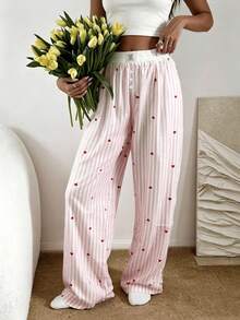 Nina Bonheur 1pc Women Striped Elastic Waist Wide Leg Lounge Pants - Pink - View 2