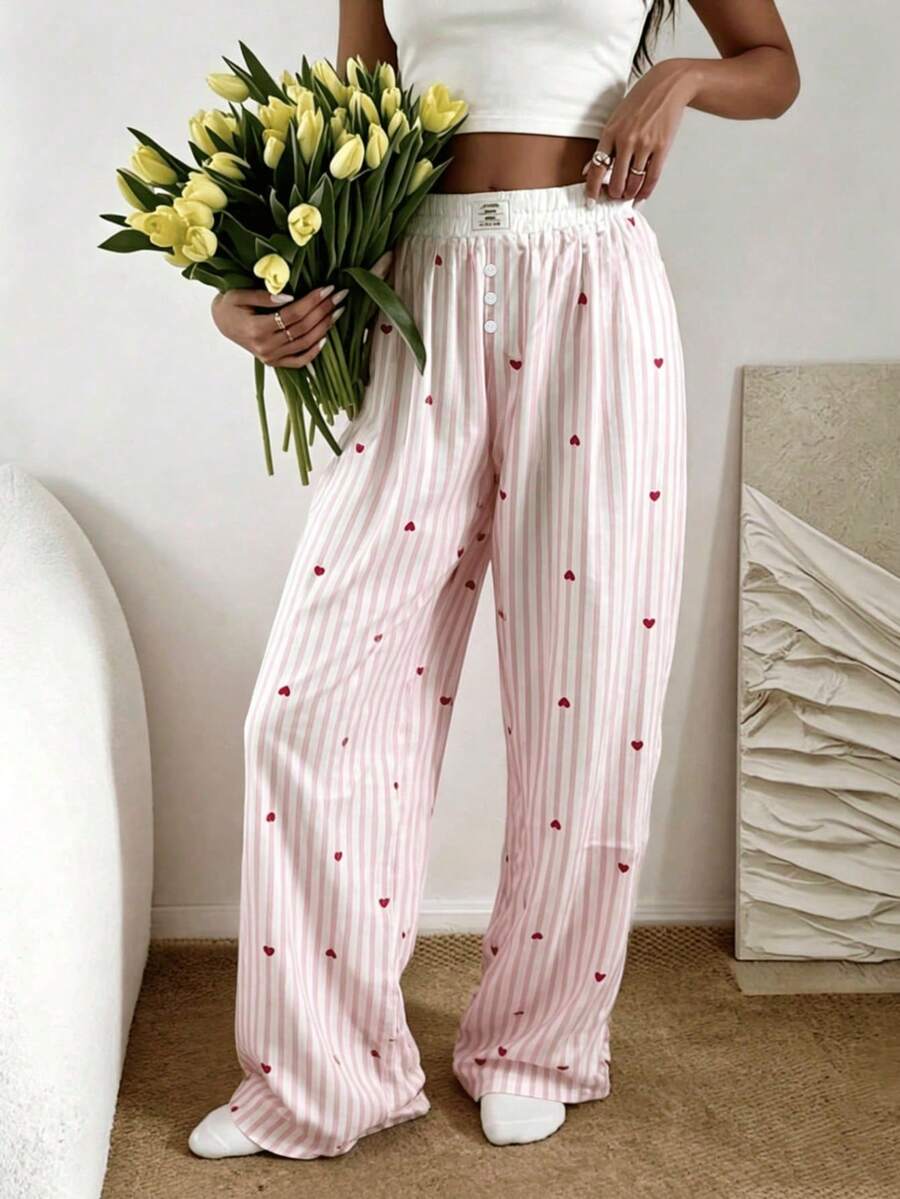 Nina Bonheur 1pc Women Striped Elastic Waist Wide Leg Lounge Pants