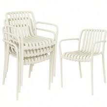 Set Of 4 Stackable Garden Chairs With Slatted Armrests, Ergonomic, Cream White - 白色 - 查看 1