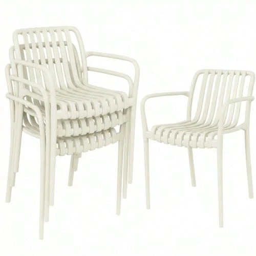 Set Of 4 Stackable Garden Chairs With Slatted Armrests, Ergonomic, Cream White - 白色 - 查看 1